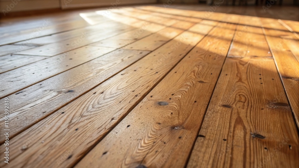 Poster a medium closeup of a wood plank floor featuring rich natural grains and knots. the warm tones of th