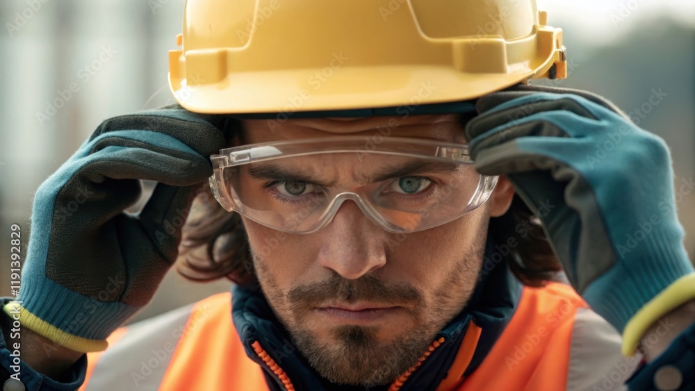 Poster a medium closeup of a worker adjusting a helmet and checking safety goggles with his focus intense