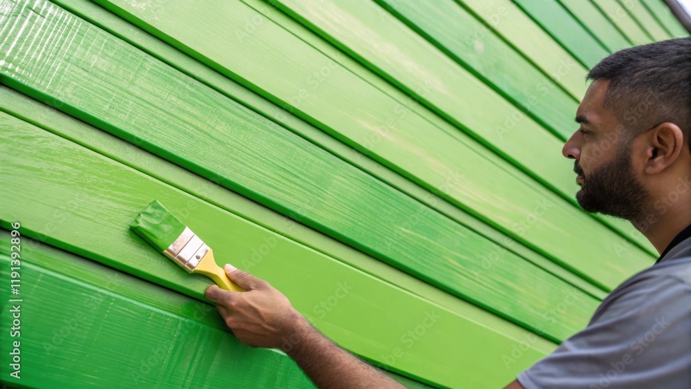 Poster a medium closeup of a worker applying a green ecofriendly paint to recycled wooden panels emphasizin
