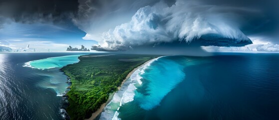 Fototapeta premium Stunning Panoramic View of Coastal Landscape with Stormy Skies and Serene Waters
