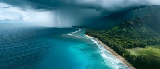Dramatic Coastal Landscape with Dark Clouds and Clear Blue Ocean Waters
