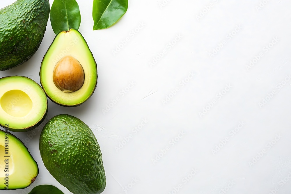 Poster fresh avocado halves and leaves arranged on a clean white surface : generative ai