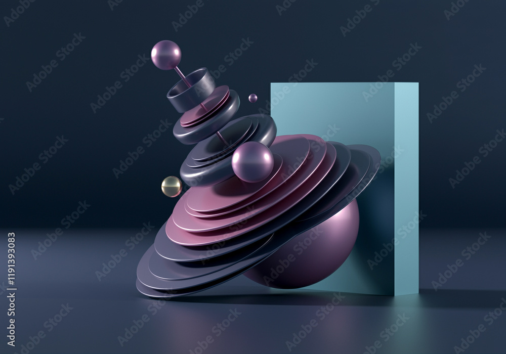 Poster abstract shapes with layered design and colorful spheres in 3d art composition