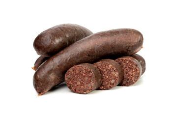Black pudding isolated, blood sausage kaszanka, traditional Polish terrine, brawn sausages on white