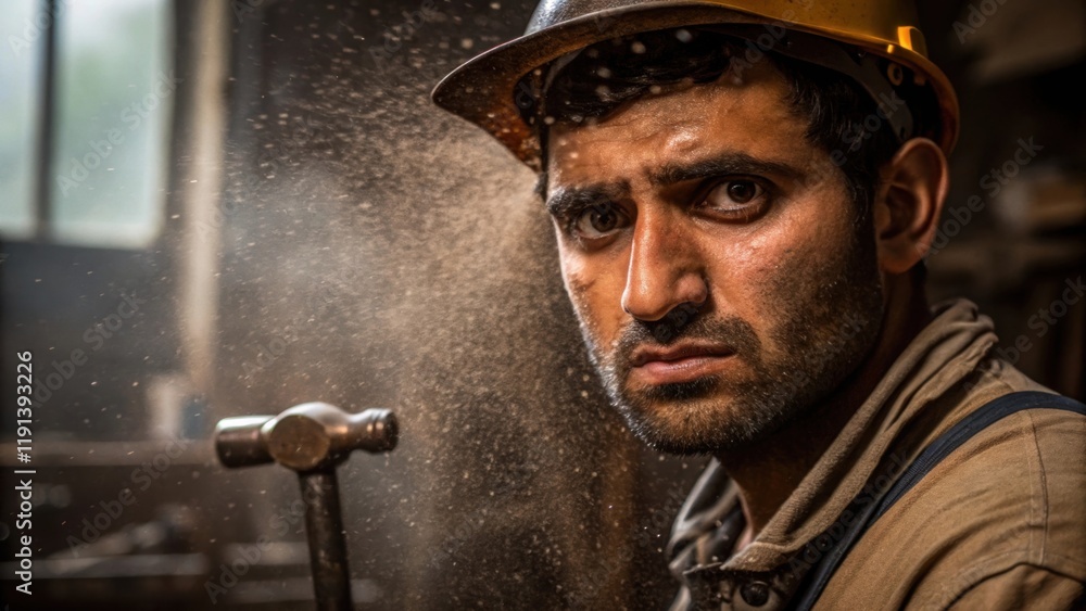 Poster A medium closeup of a workers face focused and determined dust floating in the air reflecting the dedication and labor involved in overseeing the hammering process.