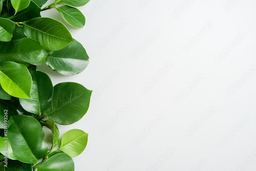 Poster Lush Green Leaves Arranged on Simple White Surface Providing Fresh Botanical Backdrop : Generative AI