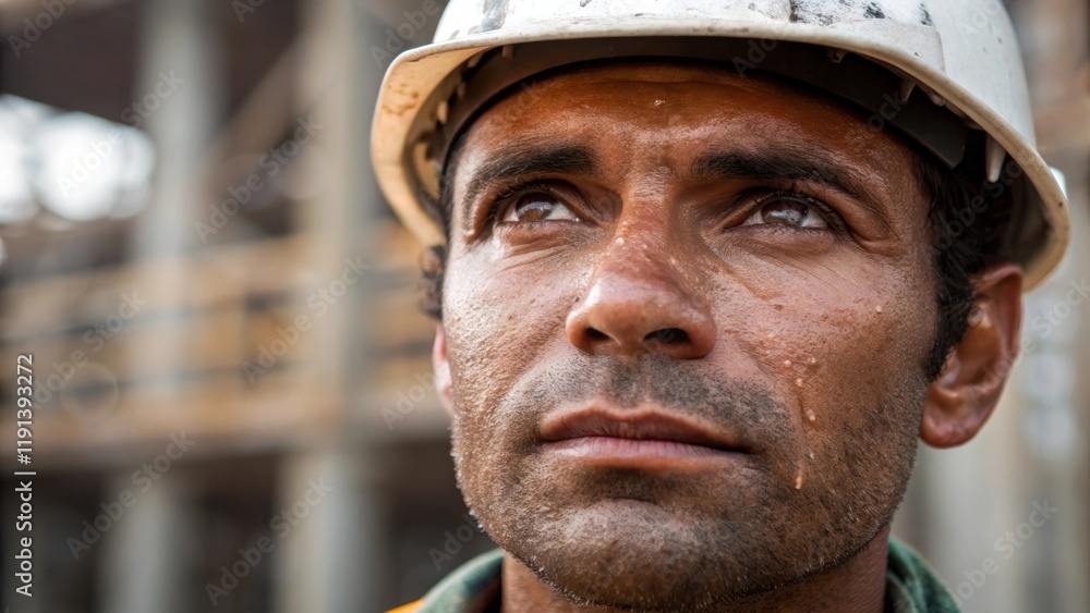 Poster A medium closeup of a workers face sweat glistening on their brow deep lines etched from years of experience eyes gazing thoughtfully at a partially completed structure.