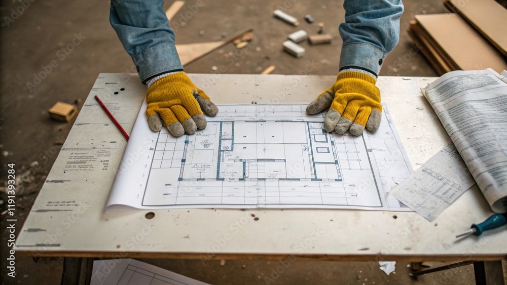 Aufkleber A medium closeup of a workers gloved hands adjusting a blueprint on a makeshift table with tered bits of debris and plans for a new structure looming in the background showcasing