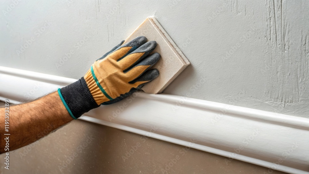Poster a medium closeup of a workers gloved fingers meticulously smoothing a corner of drywall showcasing t