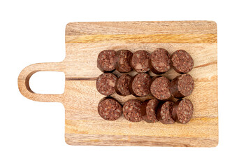 Black pudding isolated, blood sausage kaszanka, traditional Polish terrine, brawn sausages on white