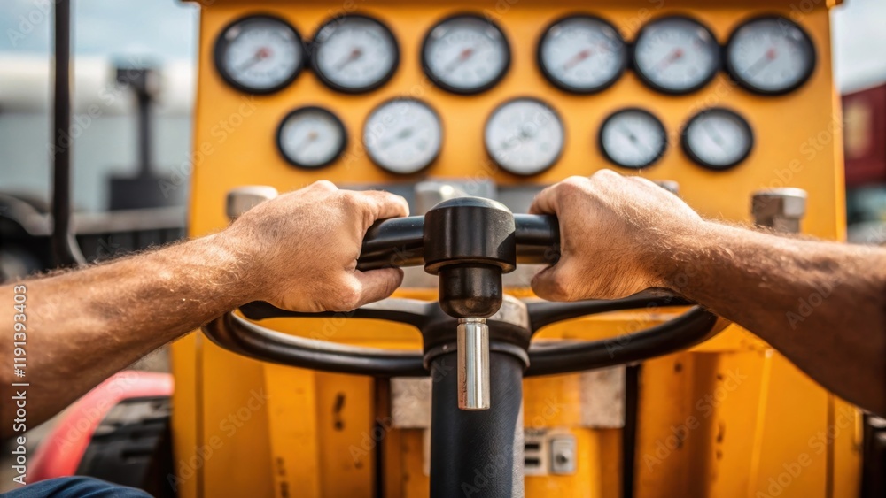 Poster A medium closeup of a workers hands gripping a control lever focused and determined as they operate the hydraulic pile driver with the machines gauges clearly visible in the