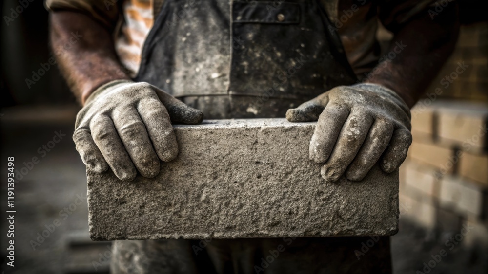 Poster a medium closeup of a workers hands covered in grime gripping a heavy concrete block showcasing the 