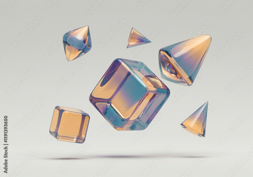 Poster geometric shapes in abstract graphic design with floating translucent cubes and cones