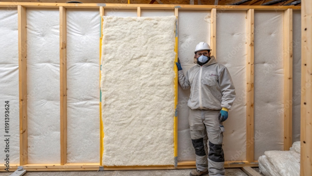 Poster a medium closeup of a worker standing next to a wall being insulated showcasing the dense foam board