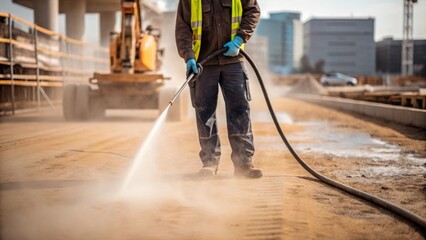 A medium closeup of a worker spraying water on the construction site dampening the ground to control dust and improve the work conditions.