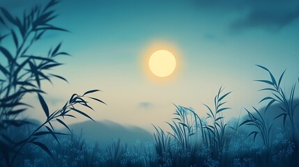 Serene Sunset Landscape With Tall Grasses And Sun