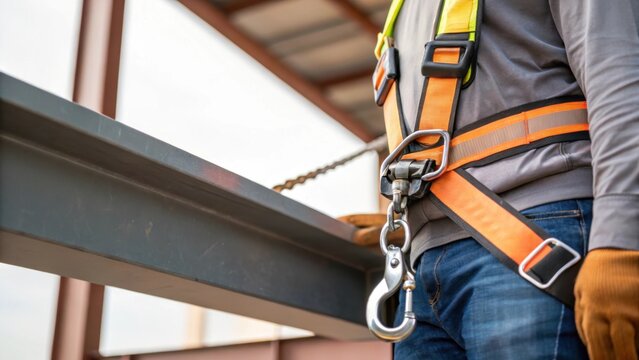 A medium closeup of a worker wearing a safety harness attached to an anchor point on a steel beam highlighting the essential practice of fall protection in elevated work
