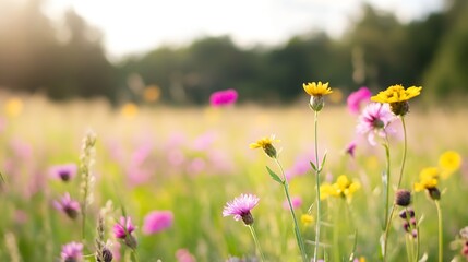 Obraz premium Wildflower meadow in full bloom with vibrant colors under warm sunlight : Generative AI