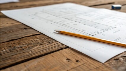 A medium closeup of blueprints spread out on a rough wooden table with a pencil lying across them