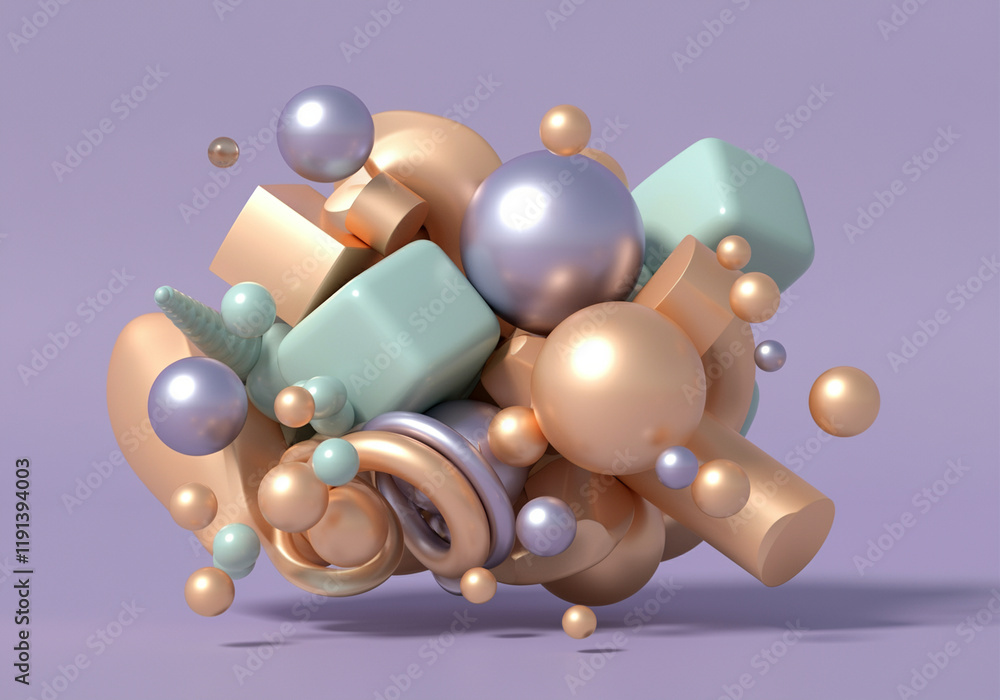 Poster 3d geometric shapes abstract design with colorful spheres and cubes in an artistic composition