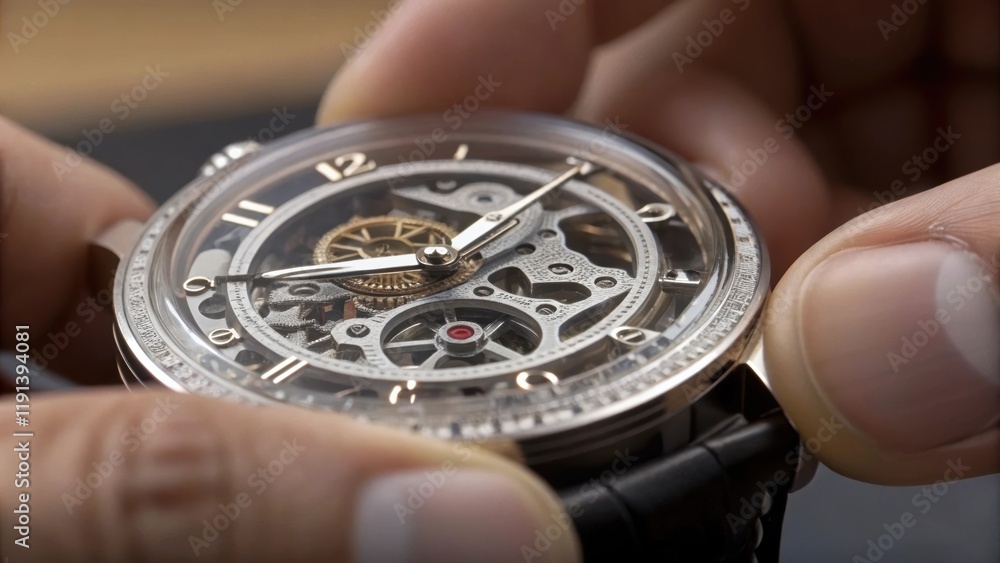 Aufkleber A medium closeup of fingers adjusting the settings on an intricate mechanical watch the gears and mechanisms partially visible through a transparent case.
