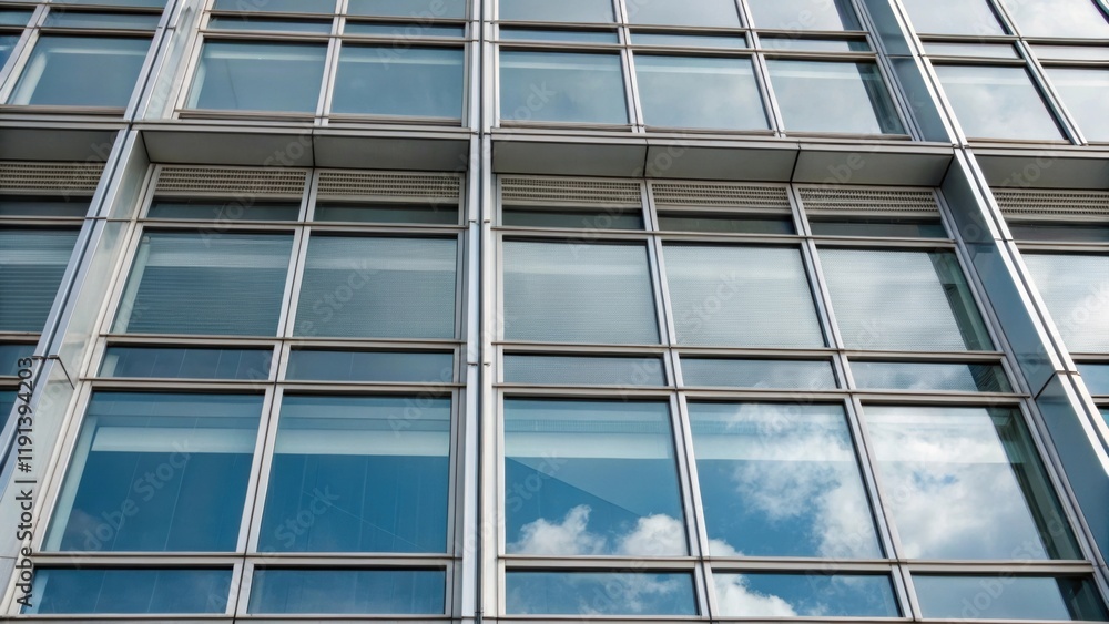 Aufkleber A medium closeup of glass windows framed by aluminum cladding revealing a repetitive grid layout. The reflections and transparency of the glass contrast with the sleek lines of the