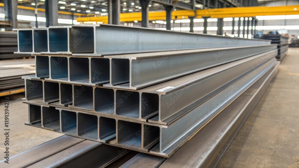 Poster a medium closeup of gleaming steel beams stacked in a warehouse their smooth surfaces reflecting lig