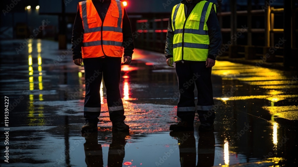 Poster a medium closeup of glowing safety vests worn by workers with their reflections shimmering in puddle