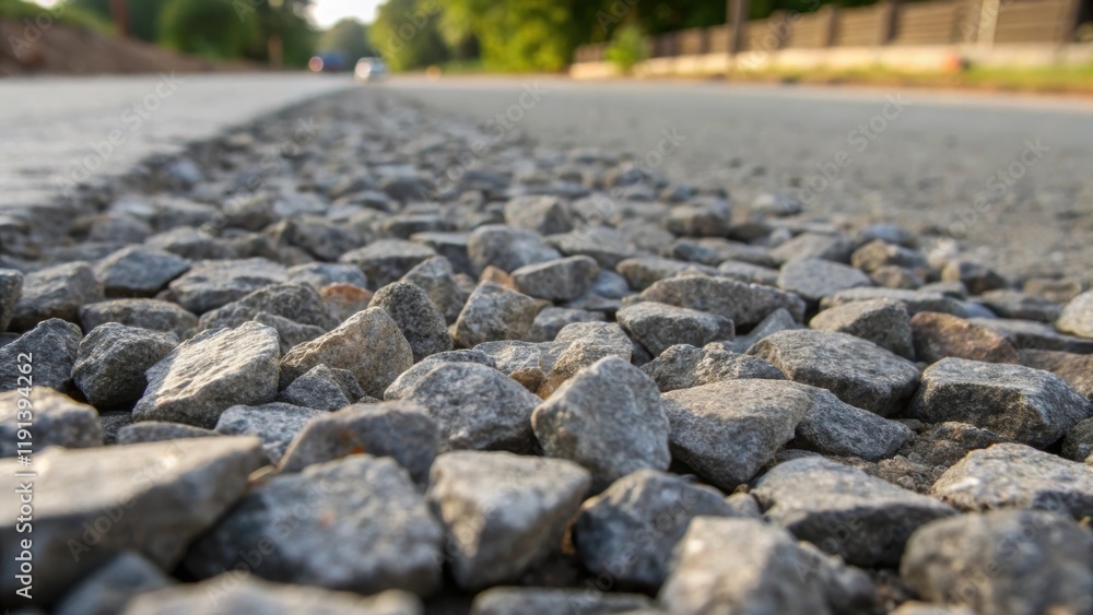 Poster A medium closeup of gravel compacted in a road base illustrating the jagged edges of angular stones pressed together with dust and fine particles filling the gaps contributing to