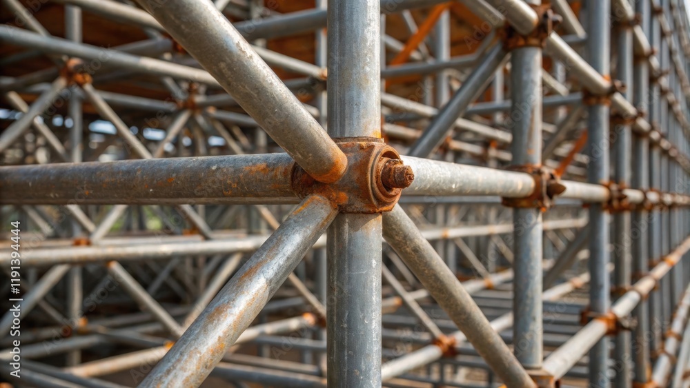 Leinwandbilder A medium closeup of interlocking metal scaffolding the intricate geometry emphasizing the interplay of light and shadow with rust spots adding an aged character to the sleek