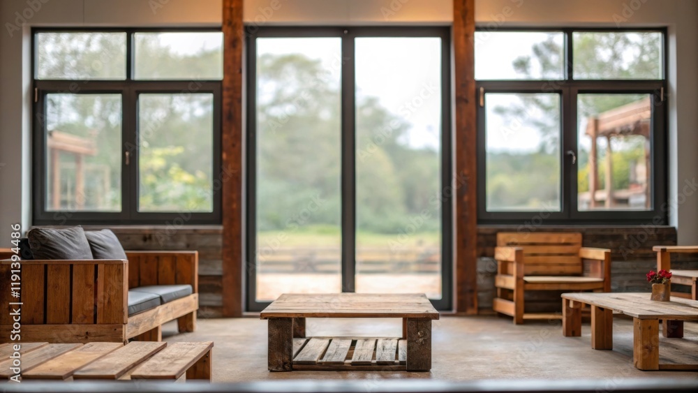 Poster A medium closeup of large energyefficient windows with a reflective coating gently filtering natural light into an open space filled with wooden furniture made from reclaimed