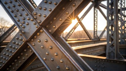 A medium closeup of intersecting steel girders revealing the intricate welds and metallic fasteners that connect them with sunlight glinting off the cold hard surfaces creating a