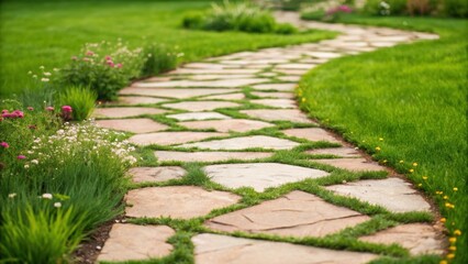 A medium closeup of intricately laid flagstone path winding through a newly landscaped garden with patches of lush green grass peeking between the stones and delicate wildflowers
