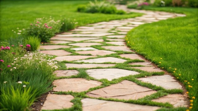 A medium closeup of intricately laid flagstone path winding through a newly landscaped garden with patches of lush green grass peeking between the stones and delicate wildflowers