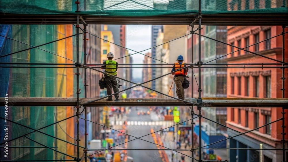 Poster A medium closeup of scaffolding wrapped in safety netting where construction workers are visible working multistory heights juxtaposed against the vibrant colors of city life
