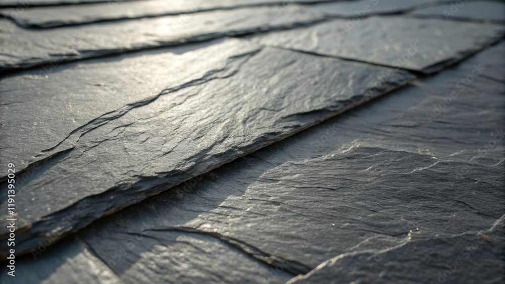 Poster A medium closeup of slate illustrating its cleft surface and natural slatey texture in shades of deep grey and charcoal with subtle shimmering qualities that catch the light.