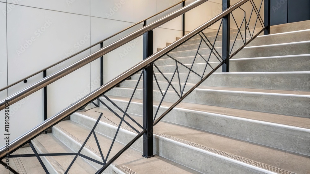 Poster A medium closeup of sleek metal railing installed alongside modern concrete stairs with geometric patterns created by the intersecting lines reflecting contemporary design