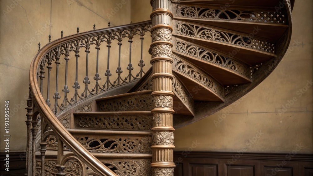 Aufkleber a medium closeup of spiral stairs composed of cast iron with a central column and elegantly curved t