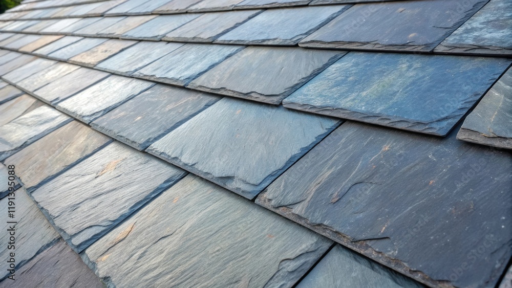 Poster a medium closeup of synthetic roofing tiles that mimic slate revealing intricate details like a roug