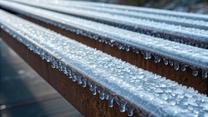 A medium closeup of steel beams coated in ice showing the intricate details of frozen droplets forming on the surface highlighting the challenge of working with materials in