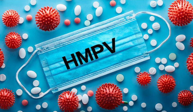 Human metapneumovirus, hmpv, treatment and prevention concept with surgical mask and pills