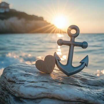 Liebe & Heimat &ndash; Anker und Herz im Sonnenuntergang am Meer