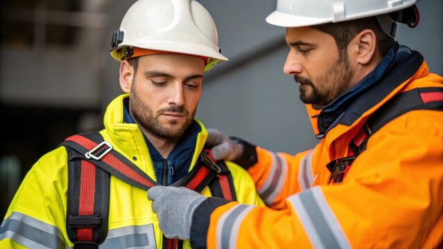 A medium closeup of team members performing a buddy check with one worker checking the gear of another to ensure all safety equipment is correctly fitted before entry.