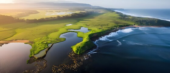Fototapeta premium Serene Aerial View of Lush Green Coastline with Ocean and Meadow Landscape