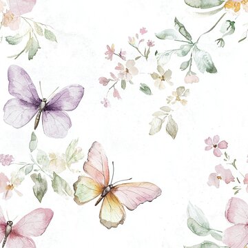 Pattern: Aquarell-Schmetterlinge und Blumen