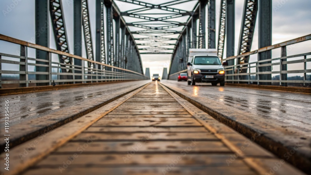Poster a medium closeup of the bridge deck featuring vehicles crossing over a weathered surface flanked by 