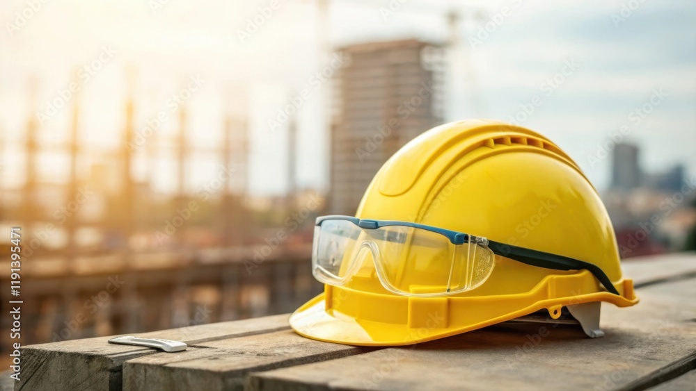 Poster a medium closeup of the hard hat highlighting its emblematic safety color against a blurred backgrou