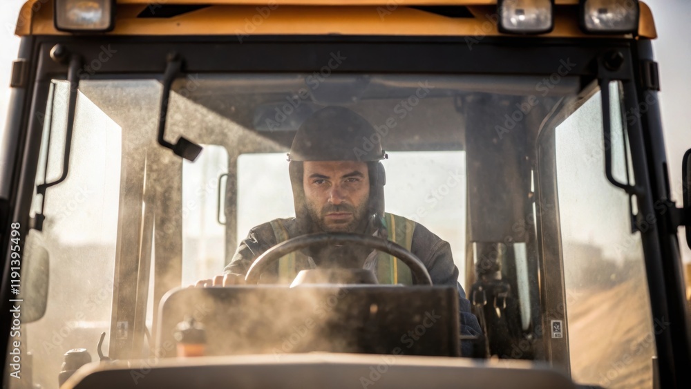Aufkleber A medium closeup of the operator inside an excavator the focus of their eyes visible through the dustladen pit window as they maneuver the machine with precision.