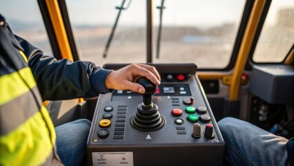 A medium closeup of the cranes operator focused intently on the control panel their hands poised over the levers showcasing the precision required in managing heavy loads with