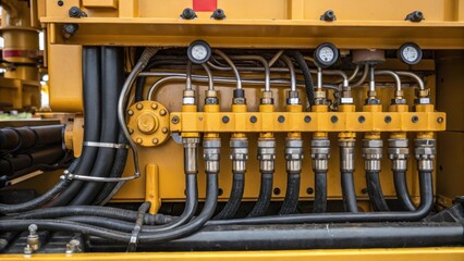 Fototapeta premium A medium closeup of the hydraulic systems beneath the crane with pipes and valves prominently featured showcasing the intricate engineering that powers the cranes movements and